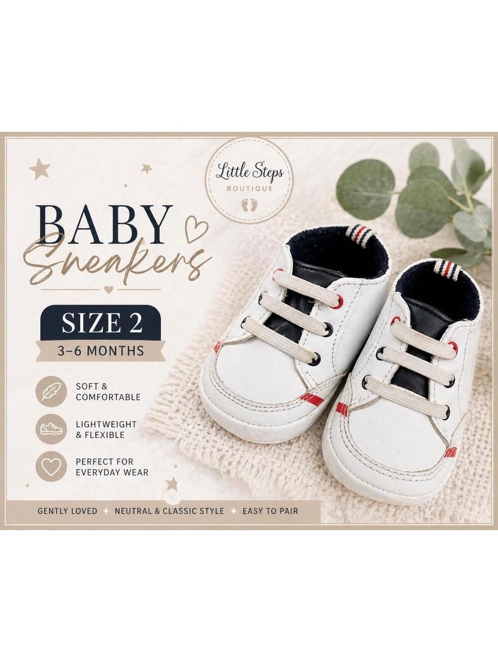 Baby Size 2 White Sneakers 3–6 Months Soft Sole Infant Shoes